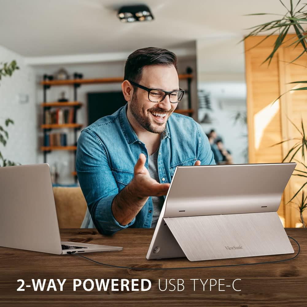 Moniteur ultra portable Viewsonic 15,6 pouces 1080p avec écran tactile, alimentation 2 voies USB C 60 W, protection des yeux, double haut-parleurs, design sans cadre et support intégré avec couvercle