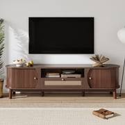 MODERNLUXE 65" TV Stand for TVs up to 75",Mid-Century Modern Entertainment Center with Drawer and Sliding Doors,Curved TV Media Console Table for Living Room, Bedroom,Walnut