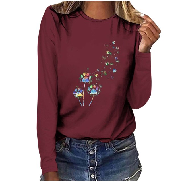 Pisexur Hauts pour Femmes Mode d'Automne T-Shirt à Imprimé Graphique Amusant Col Rond Manches Longues Chemises pour Femmes Chic Décontracté Hauts de Sortie Confort Polyvalent Blouses Légères