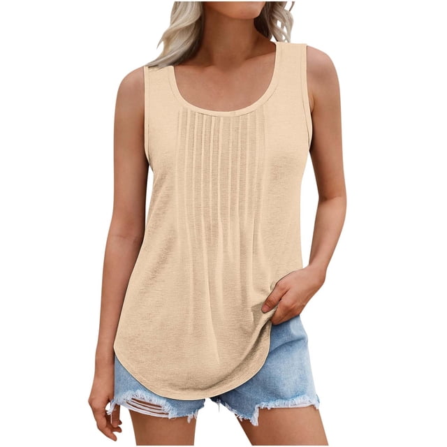 Timegard Womens Plus Size Tank Top Round Neck Pleated Casual Tunic Top Solid Color Comfy Sleeveless