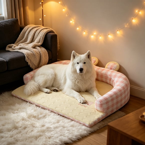 Lit pour Chien en Soie Glacée avec Traversin en U, Respirant, Lavable, Tapis d'Été pour Animal de Compagnie avec Mignonnes Oreilles d'Ours, Coussin Doux Non pour Chenil pour Petit Médium