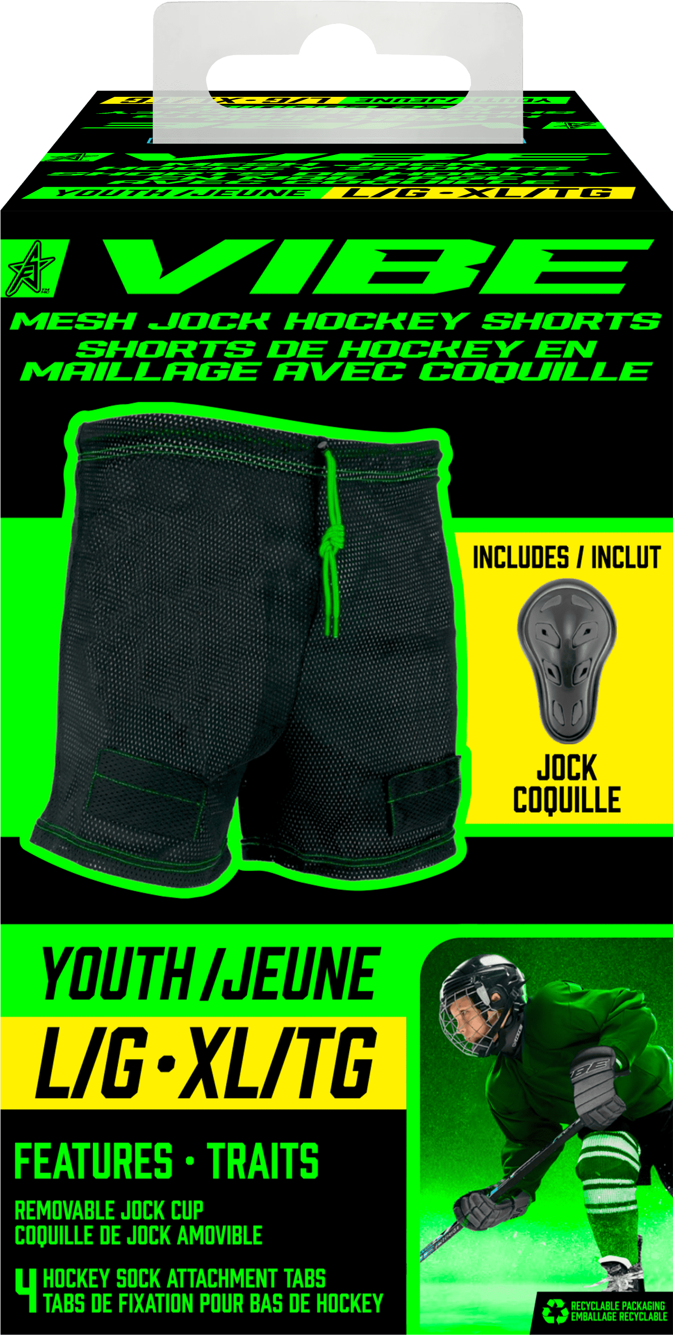 VIBE Youth Hockey Jock Mesh Shorts with Cup and Sock Tabs – Medium/Large