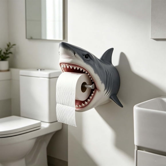 Shark Toilet Paper Holder, Multifunctional Resin Bathroom Tissue Roll Stand for Towel Storage, Whimsical Nautical Bathroom Decor for Hand Towel Organization