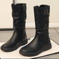 thumbnail image 3 of Womens Slouchy Mid Calf Riding Boots Casual Leather Round Toe Flat Low Heel Winter Fall Knight Boots, 3 of 5