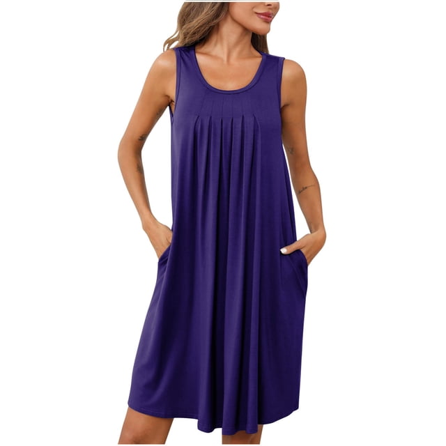 Dvkptbk Robe d'Été de Plage pour Femme 2024 Décontractée à Col Rond à Manches Courtes Robe Débardeur Mini Robes Fluide à Volants Boho Robe Soleil avec Poches P-2TG