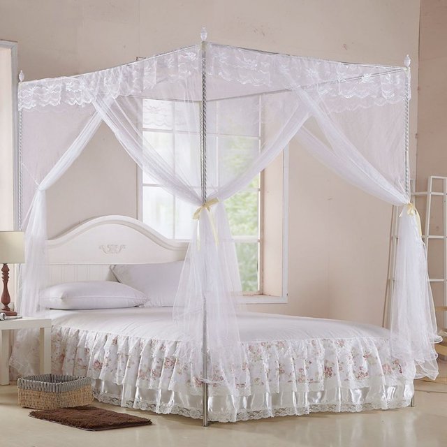 Baldaquin de Lit Princesse à 4 Coins, Rideau de Lit en Polyester en Maille Respirante, Baldaquin de Lit en Filet avec Design en Dentelle, Style Princesse, Moustiquaire pour Chambre de Filles, Enfants, Adultes, Décoration