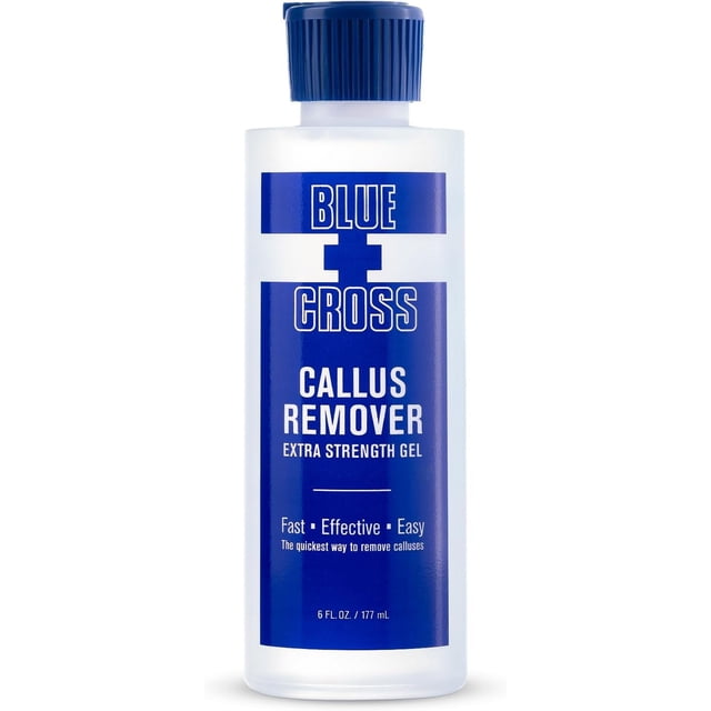 Blue Cross Gel Dissolvant Callus Extra Fort pour Talon Ou Pieds, Bouteille de 6 Onces. le Produit Présente une Étiquette Bleue avec Texte Blanc Audacieux et un Capuchon Bleu. Conçu pour Enlever les Callosités Tenaces, les Pièces Rugueuses et la Peau Sèche des Talons et des Pieds, Il Offre des Résultats de Qualité Professionnelle. Convient à l'Utilisation dans les Trousses de Pédicure et de Manucure, Il Est Fabriqué aux É.-U. et Contient des Ingrédients de Qualité Supérieure pour Hydrater et Adoucir la Peau.