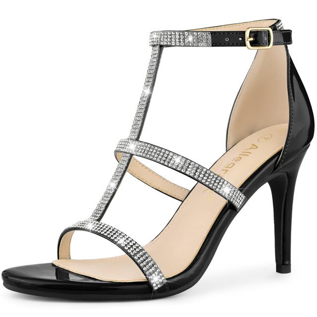 BLISSFUL STEP Women's Rhinestone Ankle Strap Stiletto High Heels Sandals