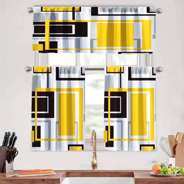 Yellow Kitchen Curtains Tiers and Valances Set 3 Piece for Windows Grey and Black Kitchen Window Curtains Set,Gold Geometric Modern Art Valances for Living Room(36" Tiers Set)