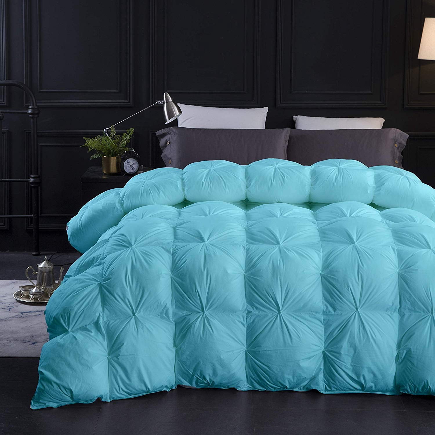 Aqua All Season Down Pin-Tuck Comforter- Eastern King Size 118 x 110 Inches 1 pc Pinch Pleated Comforter 600 GSM & 4-Corner Tab's 100% Egyptian Cotton- Aqua Solid