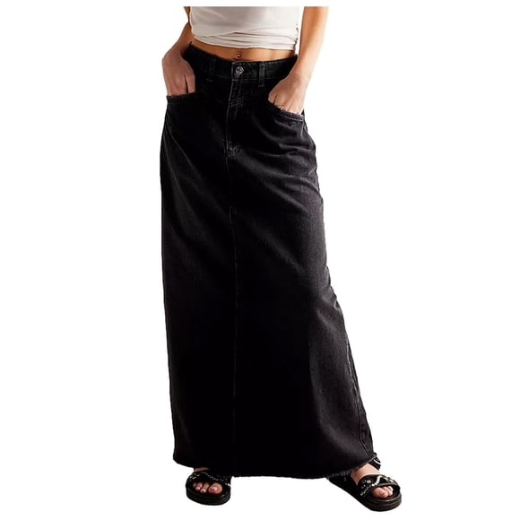 Women Vintage Denim Maxi Skirt Hem High Waist A Line Long Jean Skirt Skirt Black M