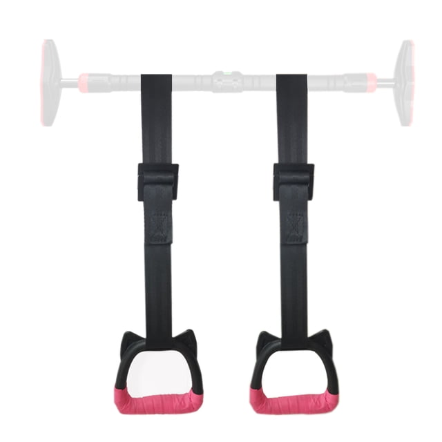 Children Gymnastic Rings Exercise Strength Training Equipment Pull Up Ring Fitness Ring with Strap Safe. The image shows a pair of black nylon straps with high-strength steel buckles and pink non-slip hand gel grips. Designed for kids, these rings are adjustable in length and can support up to 200kg (440lb). Suitable for use in the backyard, gym, or other safe hanging locations.