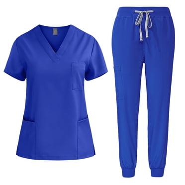 Styesk Scrubs for Women Solid Color Stretchy Scrubs Sets Drawstrings High Waisted Scrub Pants V Neck Short Sleeve Scrub Tops Comfy Scrub Joggers with Pockets 2 Piece Nurse Uniforms Set