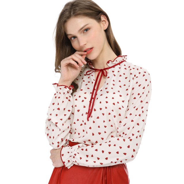 INSPIRE CHIC Blouse à Col à Volants Noué pour Femme Manches Longues Hauts L Beige Cœurs Rouges