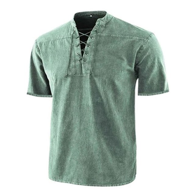 LUXUR Chemises pour Hommes Col Montant T-Shirt Manches Courtes Hauts Blouse Rétro Lacée Vert 5TG