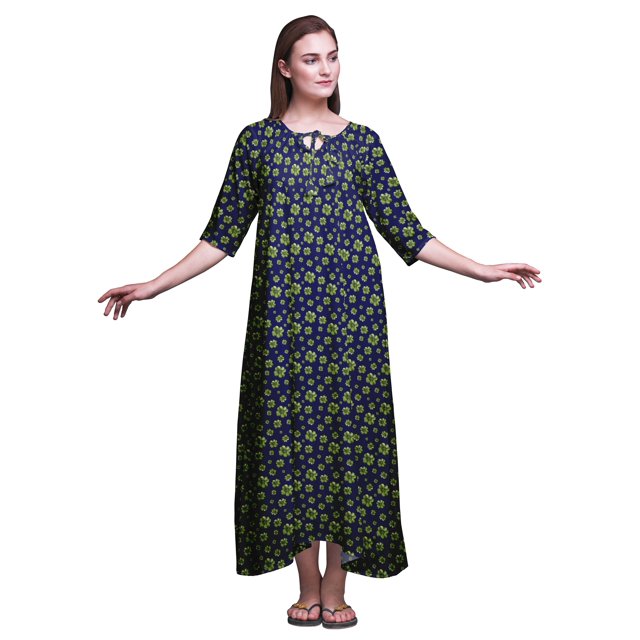 Bimba Robe de Nuit Maxi Bleu Marine à Feuilles de Trèfle Florales pour Femmes, Été, Imprimée, Grande