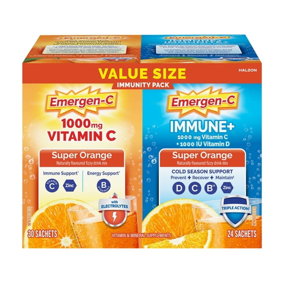 EMERGEN-C Super Orange (Effervescent Powder) 30 Sachets + EMERGEN-C Immune Plus Super Orange (Powder) 24 Sachets VALUE SIZE