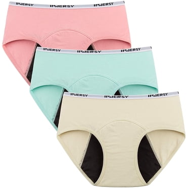 INNERSY Big Girls' Period Panties Cotton Menstrual Underwear For Teens 3-Pack (8-10 years, Beige/Pink/Green)