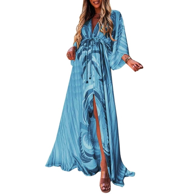 Women Maxi Dress Long Holiday Boho Paisley Print Slit Striped Ladies Summer