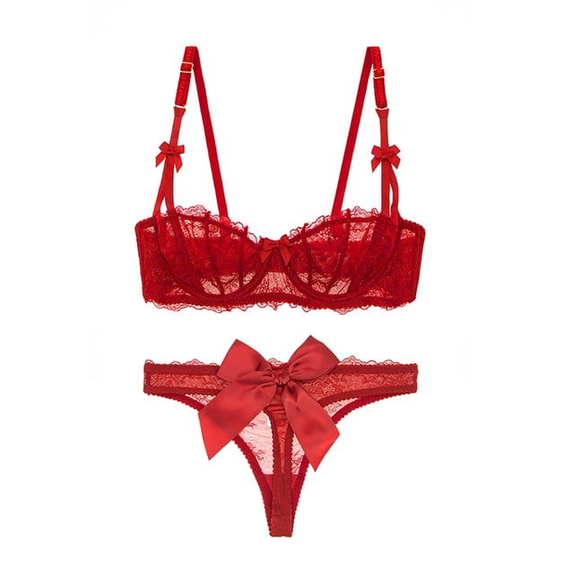 Soutien-gorge Balconnet Demi-Bonnet Non Doublé en Dentelle pour Femme à Armatures, Transparent, et String Transparent