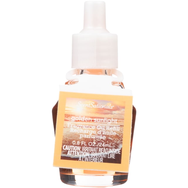 ScentSationals Huile Parfumée Scent Charm - Bouteille de Recharge d'Huile Parfumée Coucher de Soleil Doré avec Capacité de 0,8 fl oz (24 ml), Bouchon en Verre Transparent et Plastique Blanc, Présentant une Étiquette avec un Coucher de Soleil Doré sur l'Eau. Conçue pour Être Utilisée avec les Diffuseurs d'Huile ScentSationals pour Rafraîchir les Espaces Intérieurs en Continu.