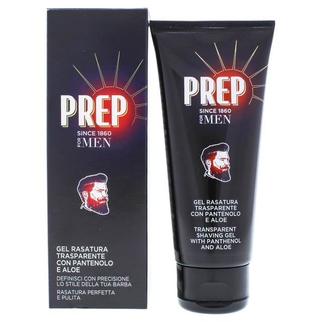 Gel à Raser Transparent avec Panthénol et Aloe par Prep pour Hommes, 3,4 oz, Exposé dans un tube Noir Élégant à Côté de Sa Boîte Assortie. l'Emballage Met en Valeur un logo Rouge et Blanc avec un Profil Masculin et le Texte « depuis 1860 », Soulignant l'Attrait de Soins Haut de Gamme.