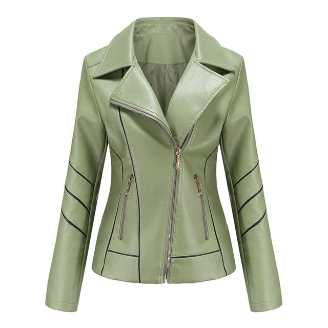 Qertyioot Womens Leather Jacket New Slim Stand-Up Collar Zipper Stitching Solid Color