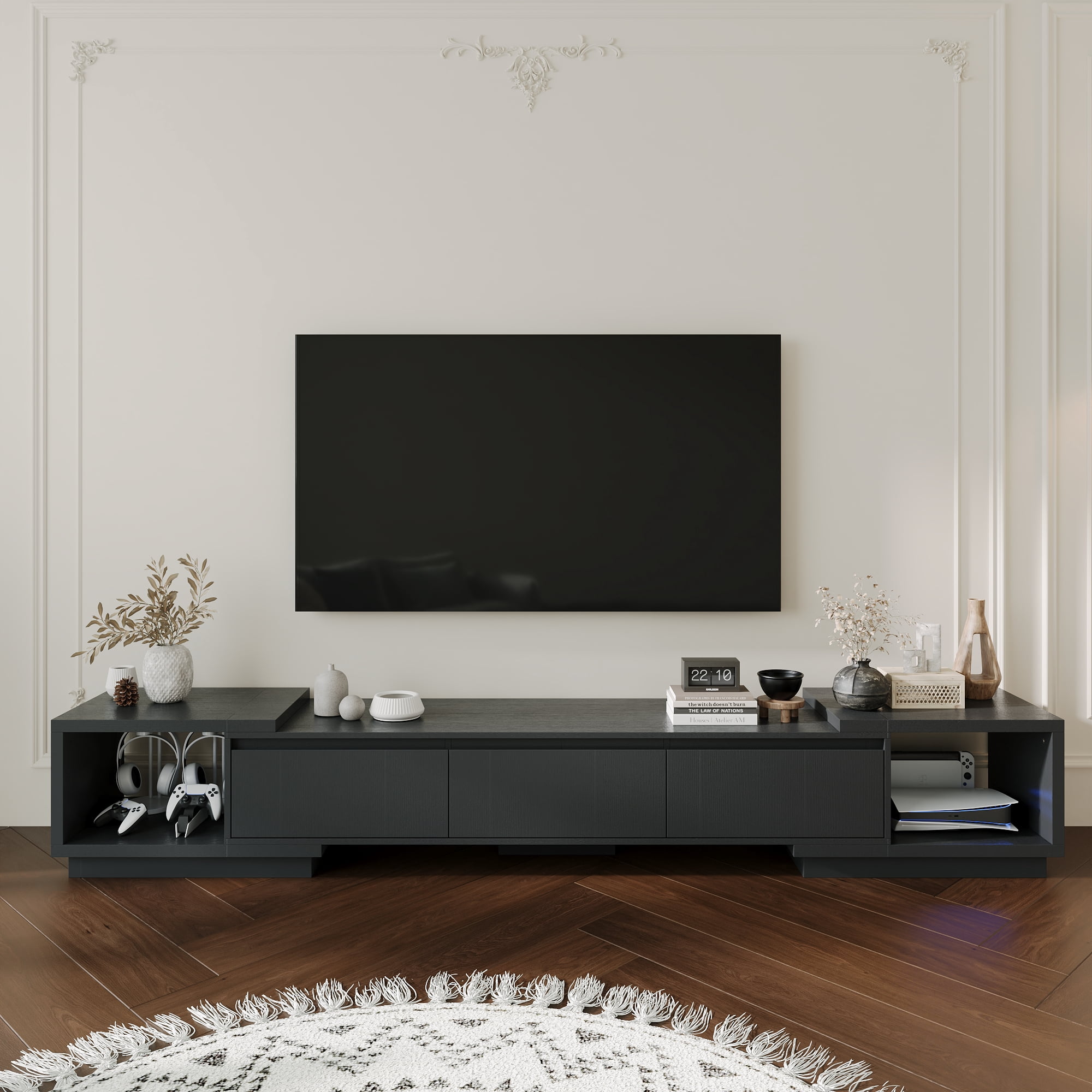 WIAWG Extendable TV Stand Media Storage with Drawers for Living Room, Black