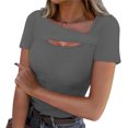 thumbnail image 2 of Lenpel T Shirts for Women Fashion Summer Short Sleeve Cutout Ribbed Knit Solid Color Slim Basic Tees Going out Tops, 2 of 7