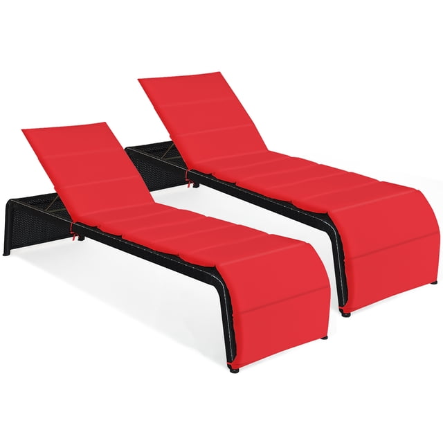 Costway 2 Pcs Chaise Longue de Patio en Rotin Fauteuil Inclinable Dossier Réglable Coussinée Rouge