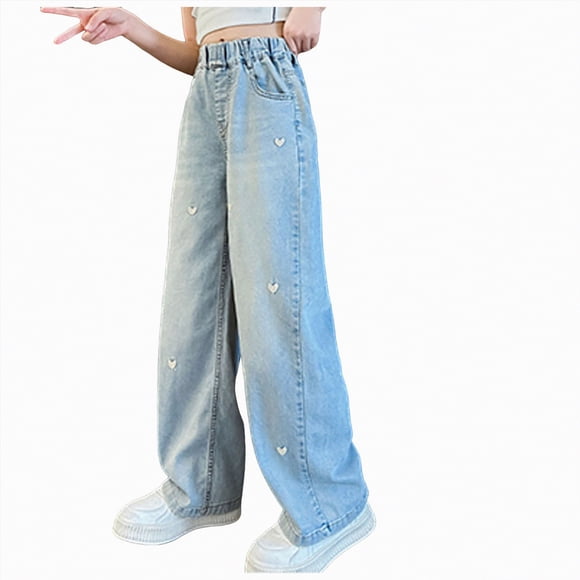 Zanarzt Kids Ripped Jeans Girls Casual Boys Girls Baggy Pants Cute Baggy Denim Pants High Waist Straight Wide Leg Jeans Blue,5-6 Years
