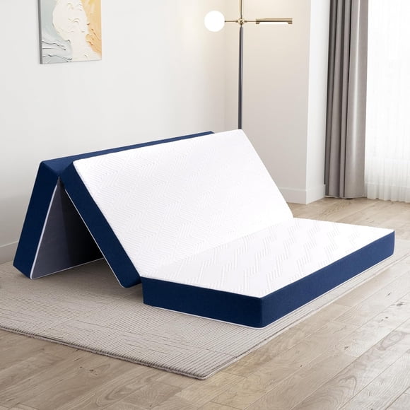 Twolike Full Folding Mattress, 4 Inch Tri Fold Memory Foam Mattress with Washable Cover, Foldable Mattress Topper with Non Slip Bottom,Pressure Relief,Full 73"X 52"X4",Blue