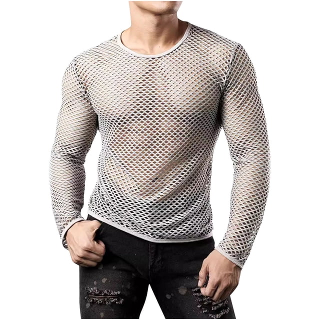 Birdeem Chemises pour Hommes Mode Homme Ajourées Filet de Pêche Décontracté Couleur Unie Manches Longues Col Rond Chemise
