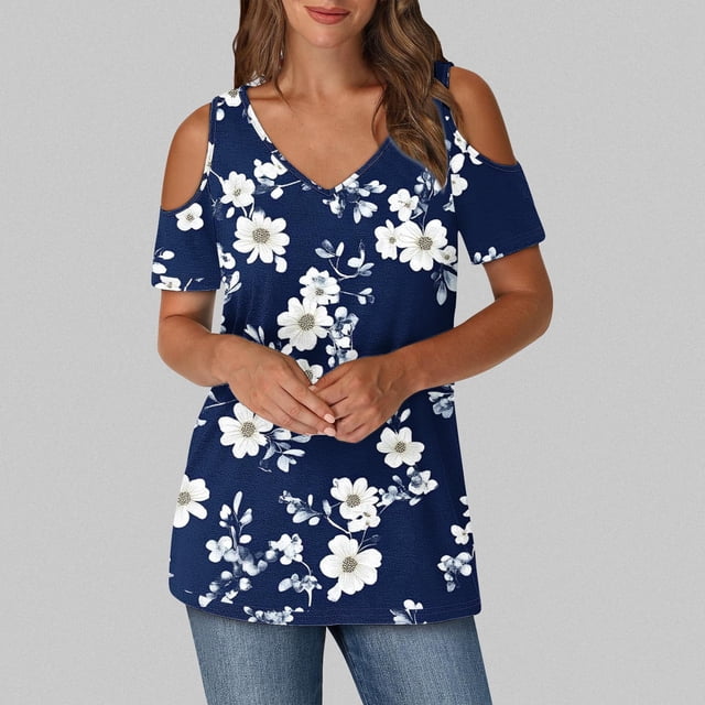 Soki Women's Off Shoulder Tee Clearance Blouses Short Sleeved V-Neck Fashionable Tops