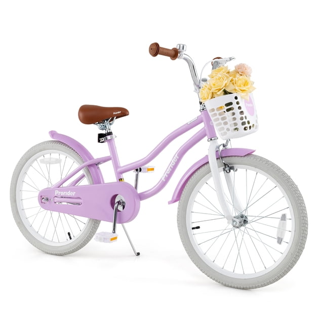 Prorider 20" Kids Bike with Height Adjustable Handlebar & Seat Hand Brake & Coaster Brake Purple. This children's bicycle features a durable carbon steel frame, a height-adjustable handlebar and seat, and a dual brake system with a hand brake and coaster brake for safety. The bike includes anti-skid, shock-absorbing tires suitable for flat terrains, a fully enclosed chain guard, and a front basket for storage. Additional features include a kickstand, mudguard, and front and rear reflectors for visibility. Designed for kids aged 8+ years and suitable for heights between 55" and 65".
