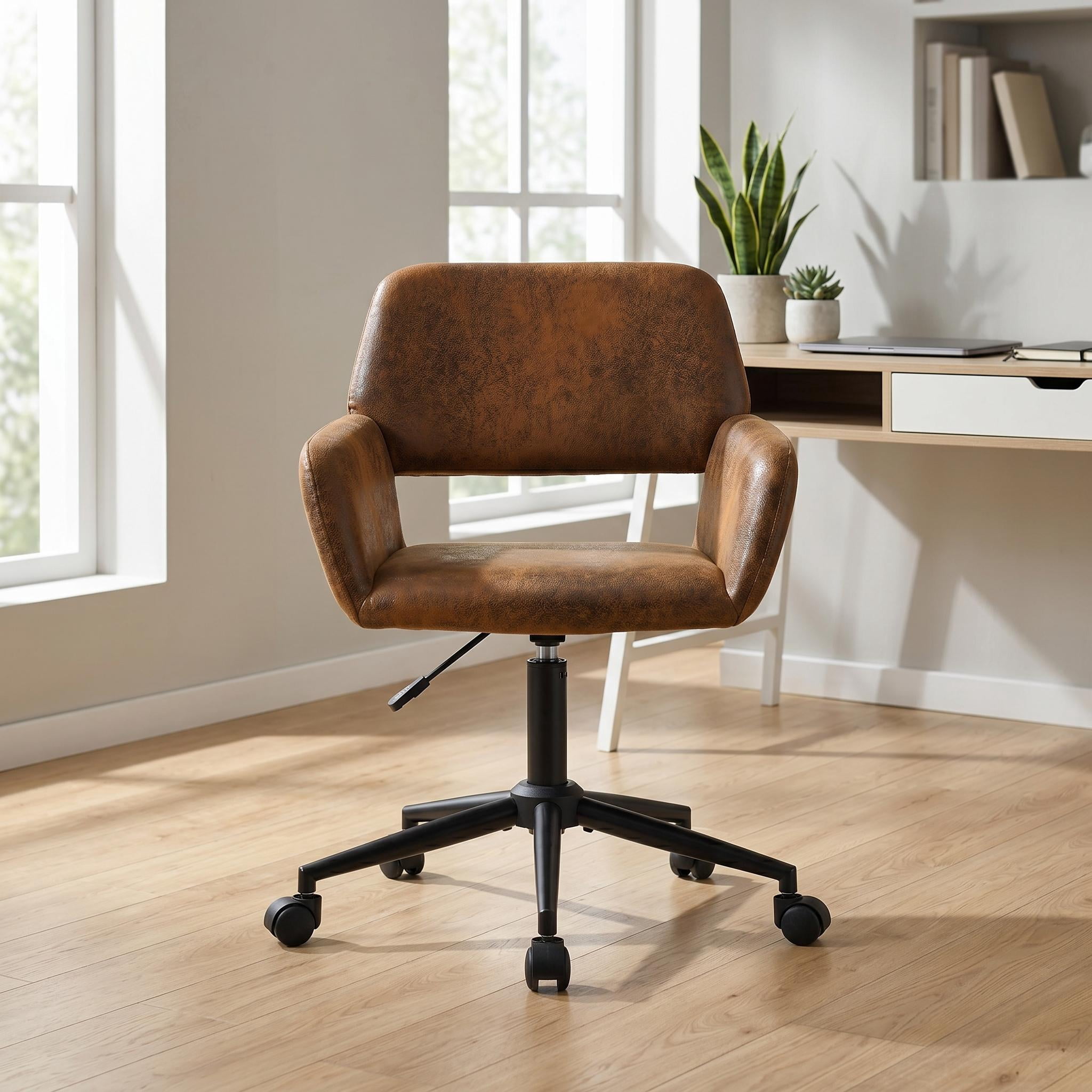 Homy Casa Compact Home Office Chair, Brown Faux Suede Desk Chair with 360° Swivel, Adjustable Height and Rolling Base