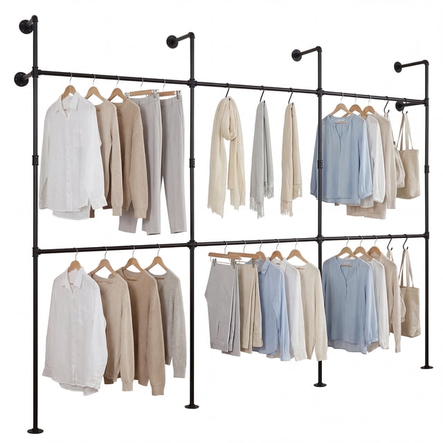 Gymax Industrial Pipe Clothing Rack Wall Mounted Heavy-Duty Metal Garment Organizer