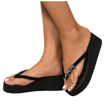 Beads Platform Flip Flops for Women Casual Beach Summer Chunky Wedge Slip on Sandals Indoor Outdoor Slippers