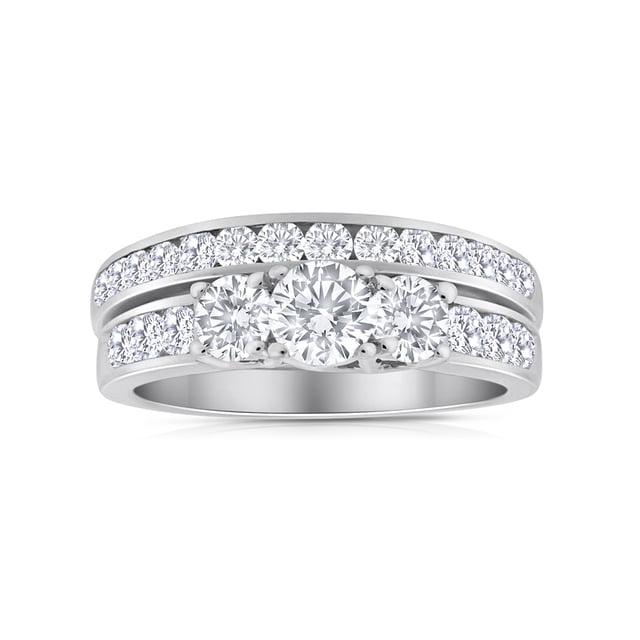 Ensemble Nuptial Trois Pierres en Or Blanc 14 K avec Diamants 2,00 Ctw
