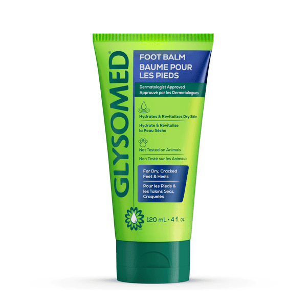 Glysomed® Foot Balm 120 ml tube in green and blue packaging, dermatologist approved moisturizing balm for dry, cracked feet and heels, hydrates and revitalizes dry skin, not tested on animals, ideal for foot care and skin hydration, 4 fl. oz.