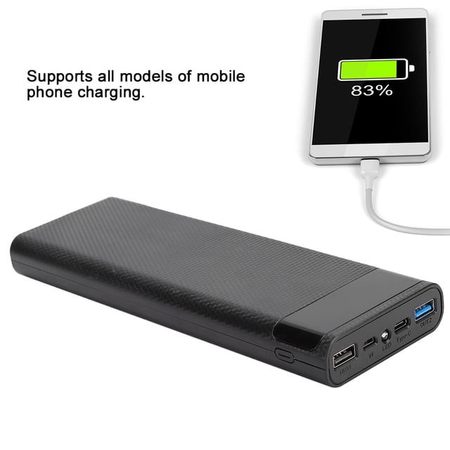 DIY Power Bank Shell, Power Bank Case Power Bank Kit Battery Box Shell in black, designed for DIY mobile power assembly. Features multiple USB ports including Type-C and standard USB, supporting fast charging protocols like QC3.0, PD3.0, and PPS. Holds up to 10 batteries for versatile use. A connected smartphone shows an 83% charge.