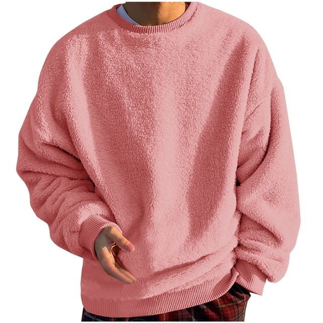 Penkiiy Chandail Sherpa Duveteux pour Homme à Manches Longues, Col Rond, Chandail Molletonné, Confortable, Basique, Unisexe, Automne Hiver, Chaud, Hauts, m Rose