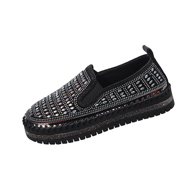 Black Flats Shoes For Ladies Solid Rhinestone Round Toe Slip On Shallow Thick Sole Loafers Comfortable For Everyday Style And Easy Slip On Design Size 36