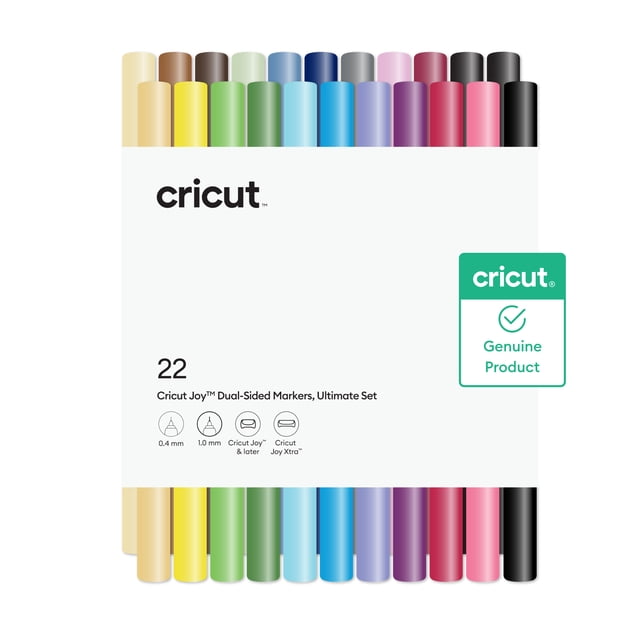 Cricut Joy™ Dual-Sided Markers, Ultimate Set (22 ct) with 22 dual-ended markers in assorted colors, each featuring a 0.4 mm fine pen tip and 1.0 mm marker tip, compatible with Cricut Joy and Cricut Joy Xtra, displayed in white packaging with Cricut branding and genuine product seal.