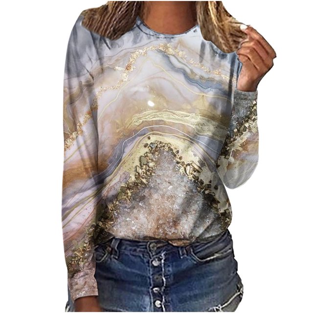 IROINID en Solde T-Shirt à Manches Longues en Polyester pour Femmes Confortable Dames Col Rond Hauts Amples T-Shirts Imprimés Blouse, Or