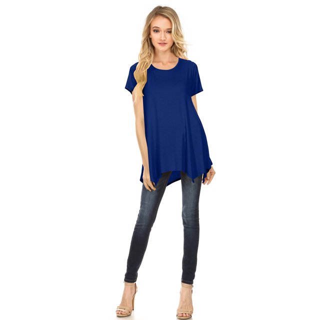 Womens Short Sleeve Scoop Neck Flowy Tunic Top - Made in USA, Large, Royal Blue