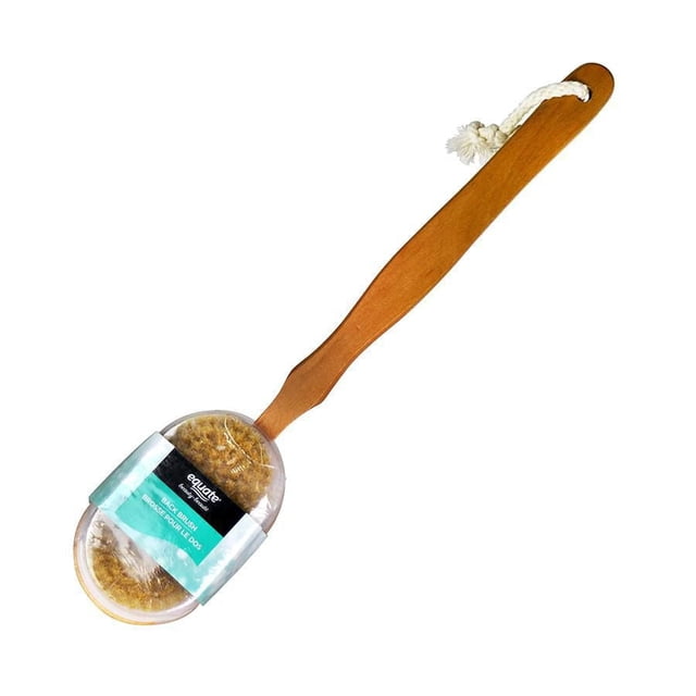 EQUATE BEAUTY BACK BRUSH with a long wooden handle and natural bristles, featuring a white hanging rope loop, designed for exfoliating and cleansing hard-to-reach skin areas in bath and shower body care.