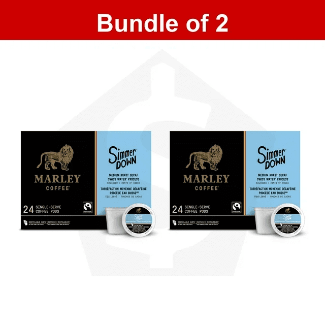 Bundle of 2 - Marley Coffee Single Serve K-Cup Compatible Capsules, Simmer Down Decaf, Swiss Water Process, Medium Roast, 48 count each 24