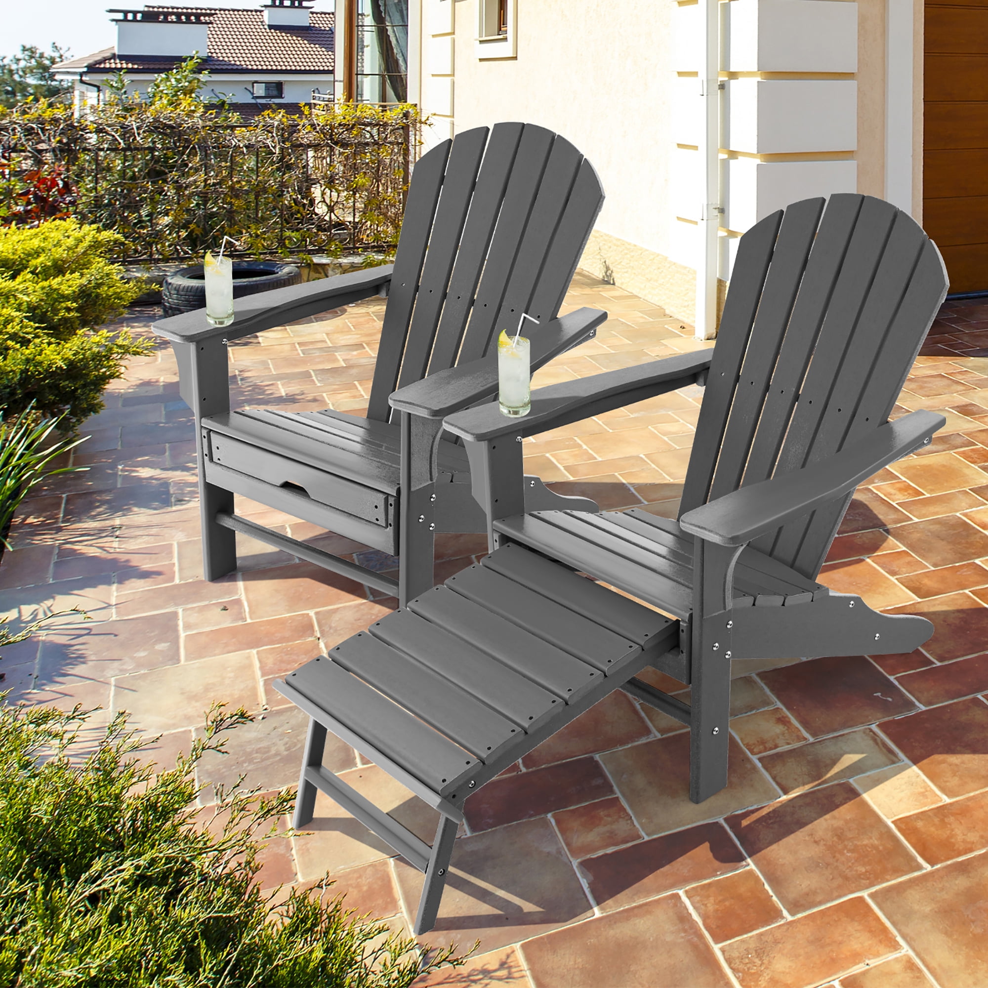 Costway 2 PCS Outdoor Patio HDPE Adirondack Chair Beach Seat Retractable Ottoman Grey