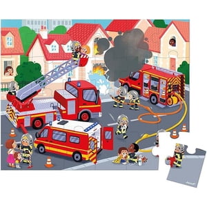 Janod - 24-Piece Puzzle de lutte contre l'incendie avec affiche - Développe la mémoire & Dextérité - Couleur & Engager - Convient aux enfants Âges 3+